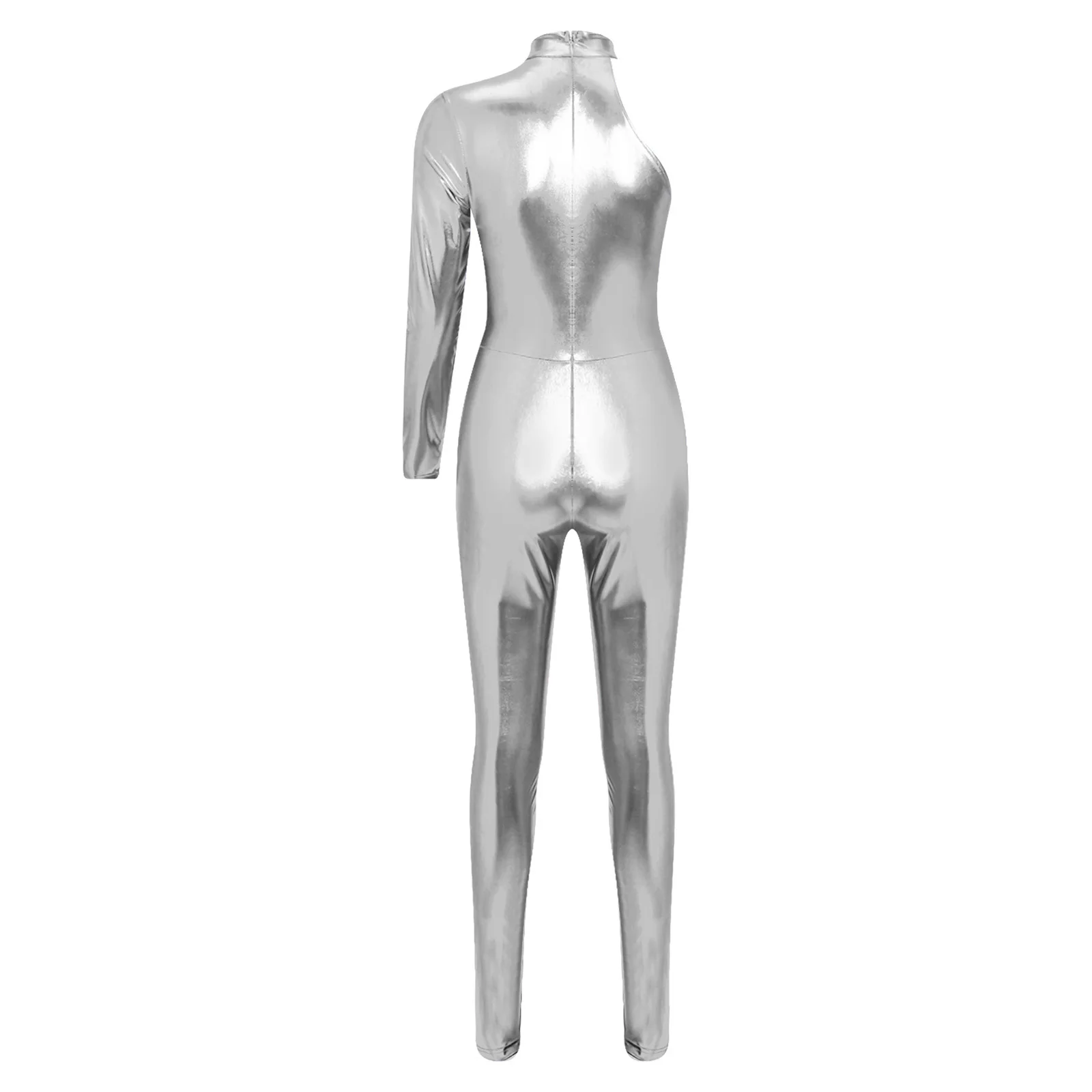 Metallic Shiny Asymmetrical Jazz Disco Jumpsuit for Women Sheer Mesh Patchwork Single Long Sleeve Catsuit Unitard Rave Clubwear
