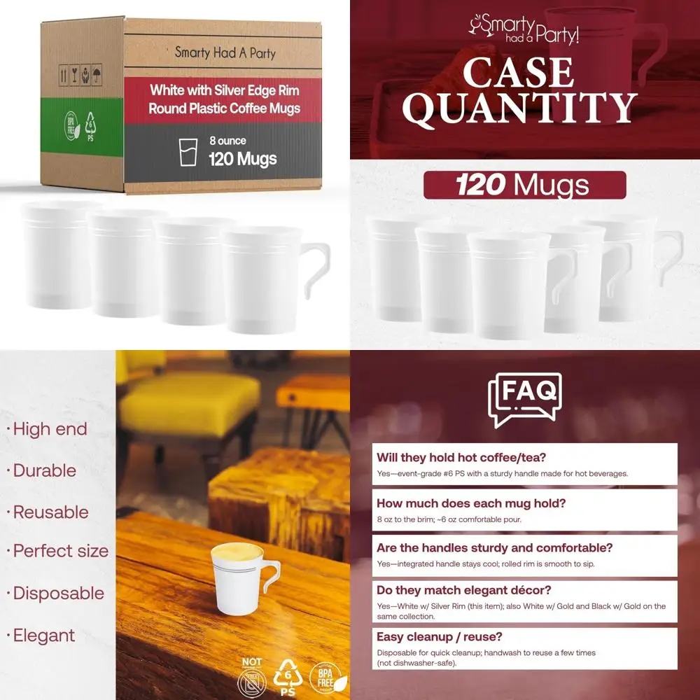 

8 oz Disposable Coffee Cups with Handles - Plastic Mugs, White with Silver Rim, 120 Pieces for Parties