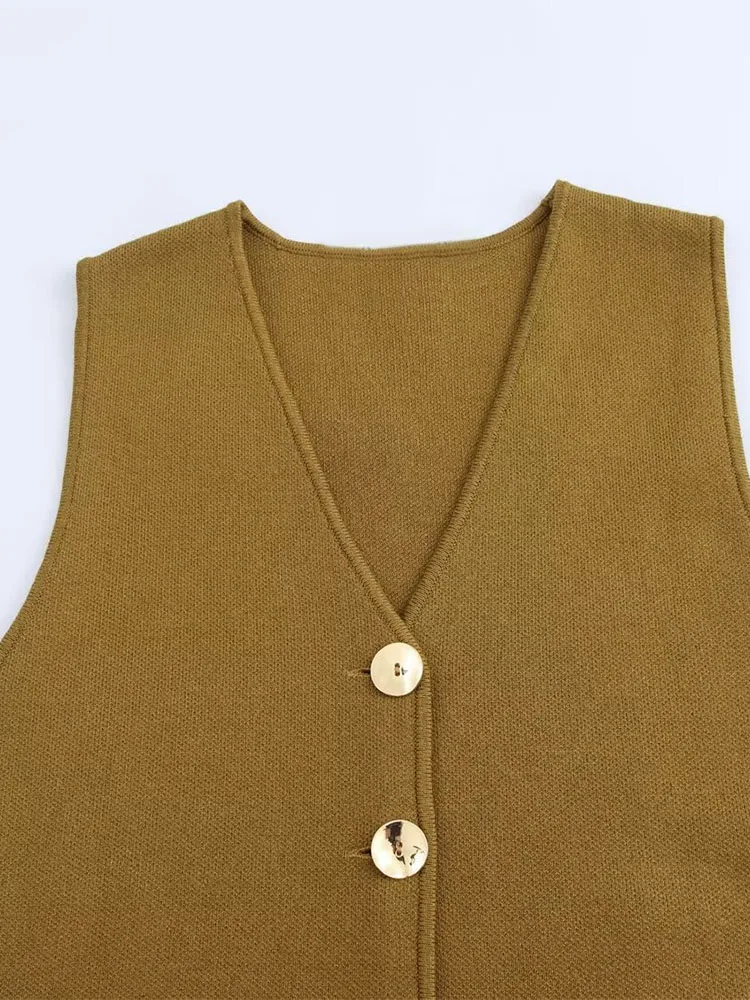 2024 autumn new fashion all-match women\'s clothing all-match gold button knitted V-neck sleeveless vest