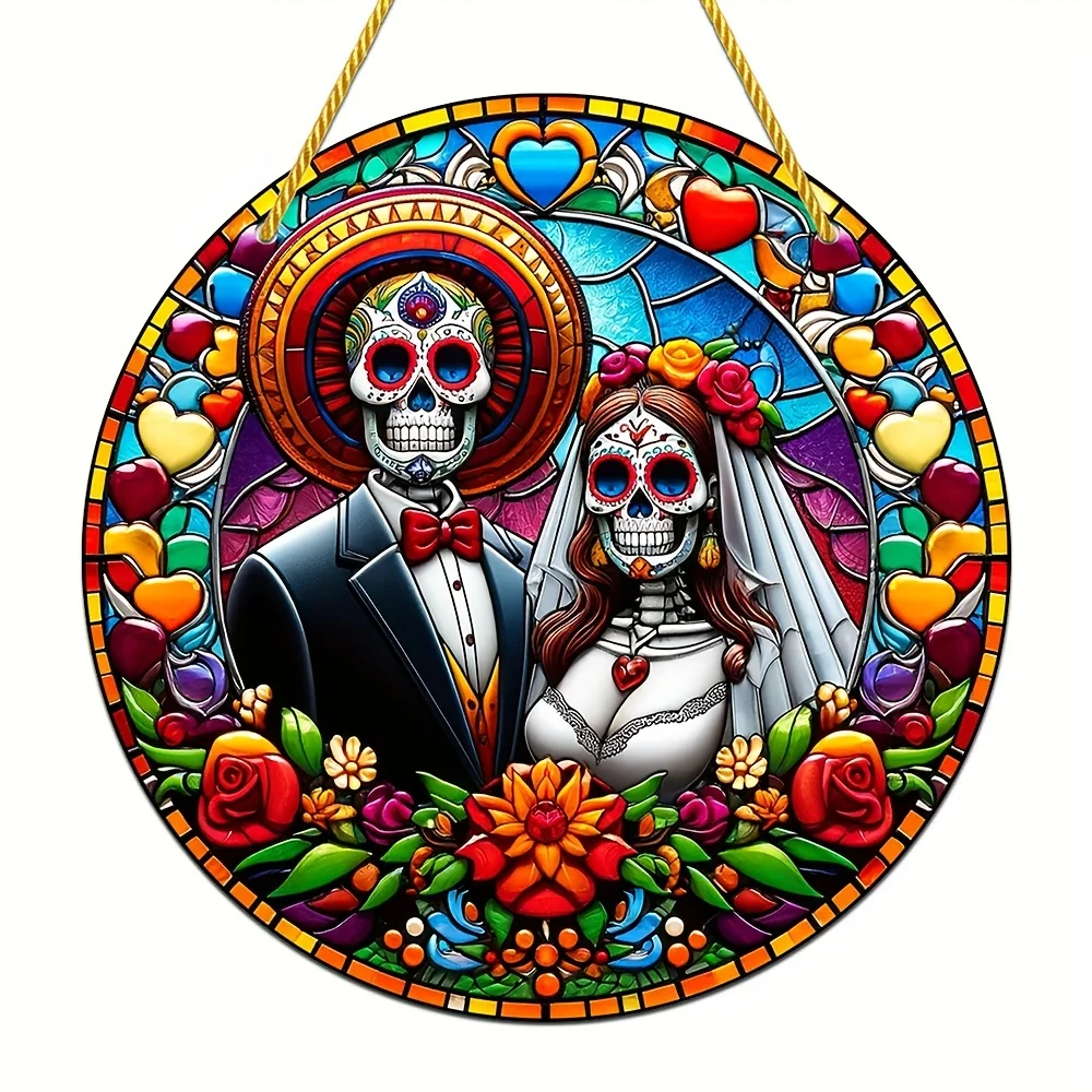 

Mexican Skull Couple Stained Glass Style Acrylic Catcher - Home Decor,Gifts, Hanging Artwork, Perfect for Friends and Family
