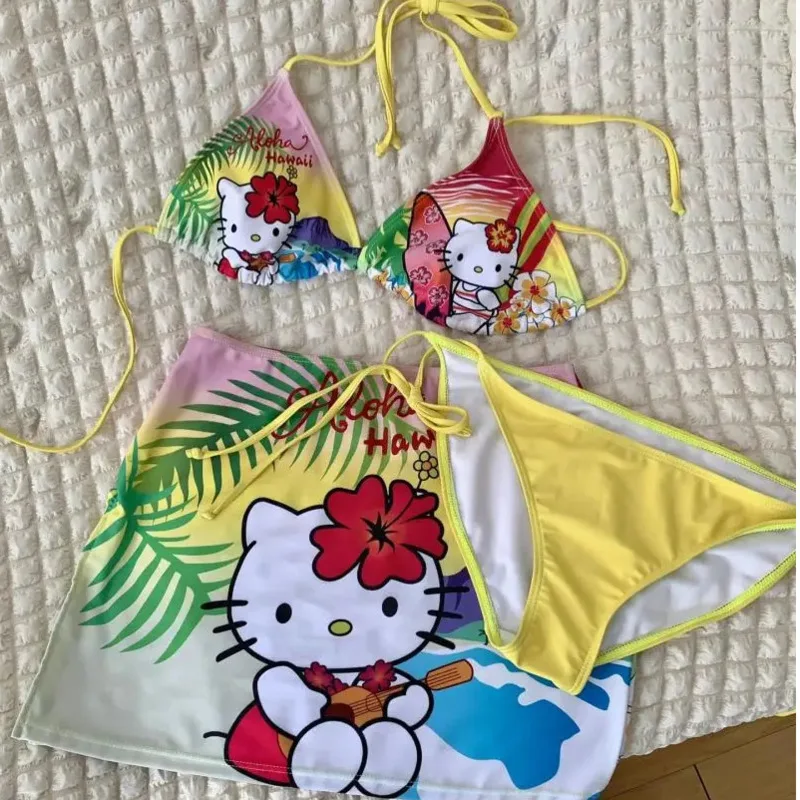 3-częściowy zestaw kostiumów kąpielowych Hello Kitty Sanrio Hawaii Split Strój kąpielowy Kawaii Hot Girl Reasts Push Up Bikini Beach Wear Surfing