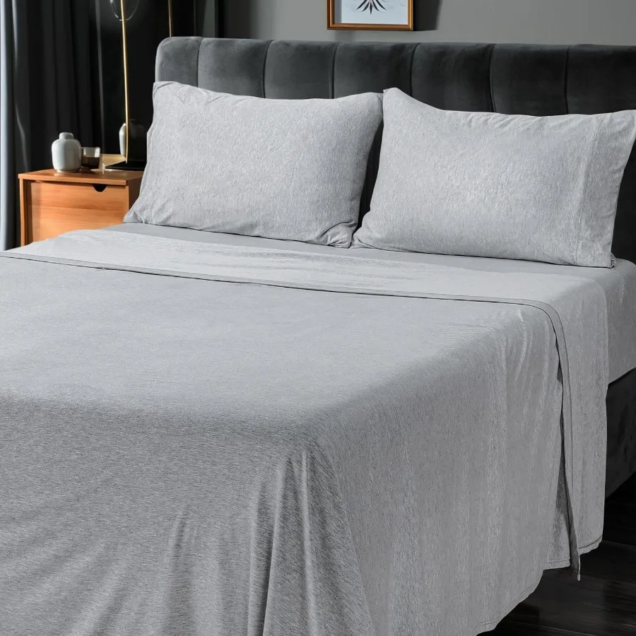 

Queen Size Jersey Knit Cotton Sheets 4Piece Set with Soft TShirt Stretchy Fabric for Comfortable Bedding Ideal for YearRound Us