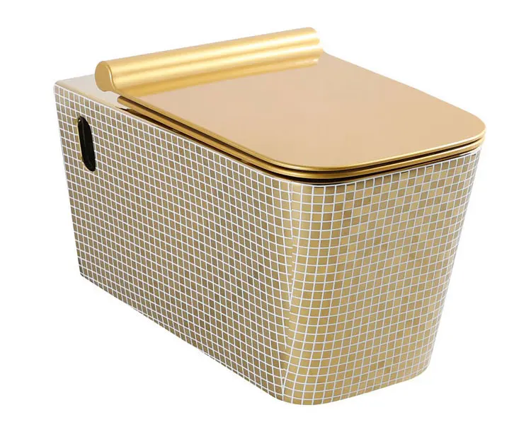 Best quality golden color wall-hung toilet P-Trap sanitary ware ceramic  with soft close seat cover