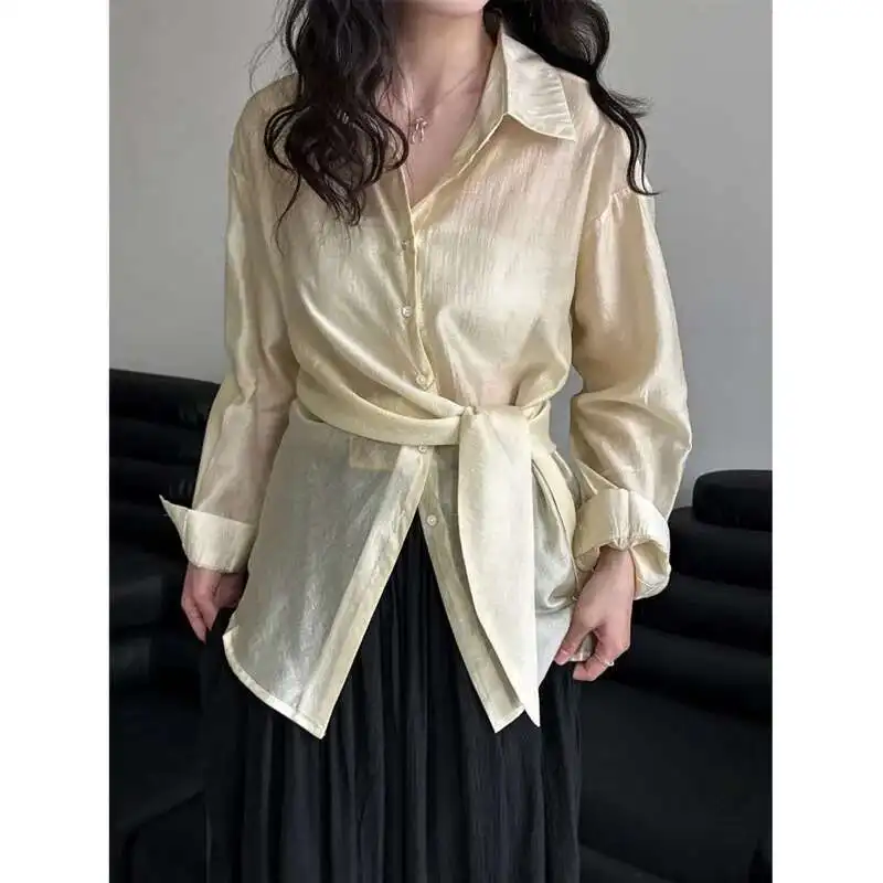

Women Lace-up Acetate Shirts Summer Turn Down Collar Loose Lightweight Long Sleeve Casual Shirt Tops