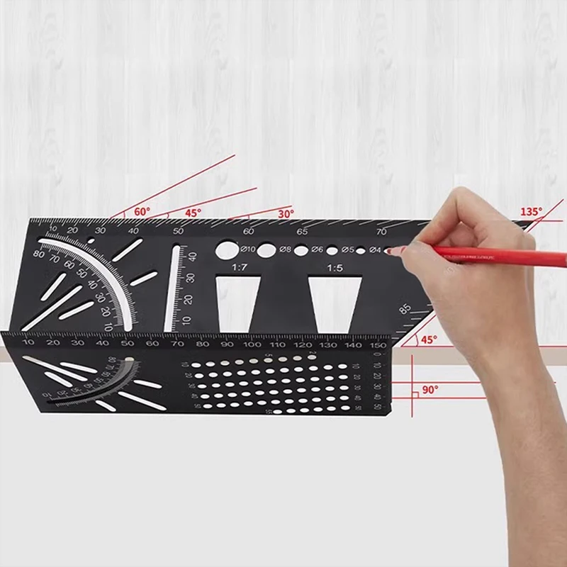 

Carpenter Angle Ruler 3D Miter Angle Measuring Tool Perforated Positioning Ruler 45 90 Degree Lines Ruler Multifunctional Locate