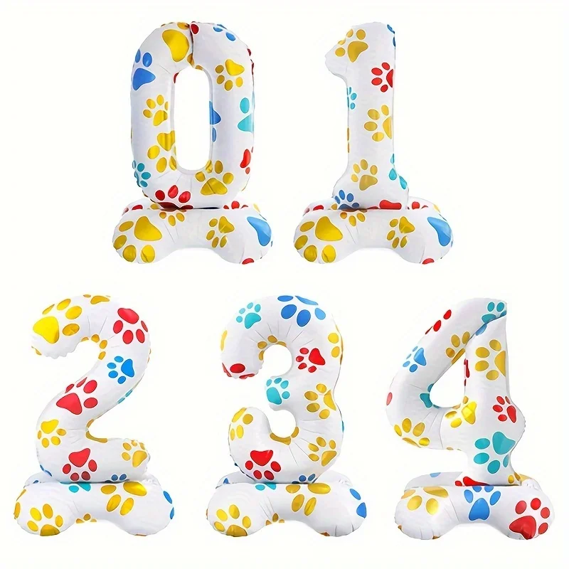 1Pc 16 Inch White Standing Number Balloon with Dog Paw Pet Animal Foil Balloon Happy Birthday Party Decor Supplies