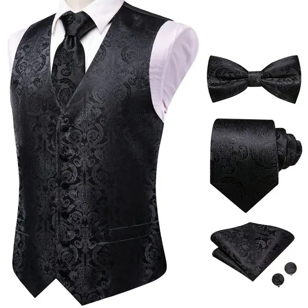 Men Black & Grey Paisley Pattern V Collar Vest Full Set Wedding Party Formal Matching Outfit