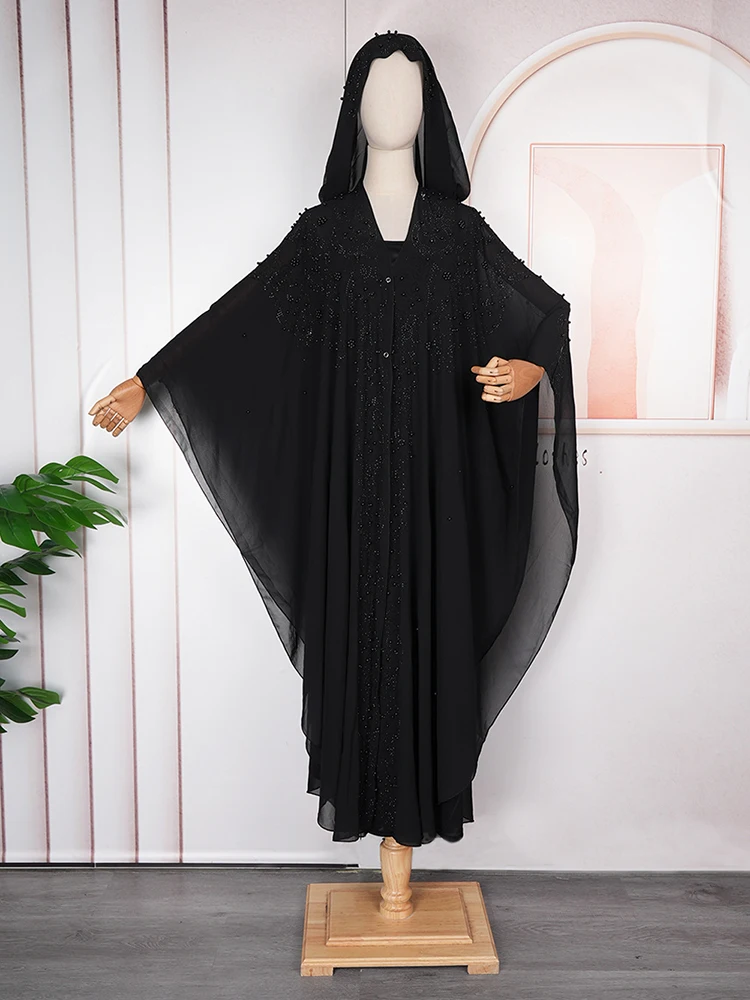 Abaya Femme Musulman Dubai Turkey Black Kaftan Long Sleeve Chiffon Hooded Dresses Wedding Party Prom Evening Gown Islamic Sets