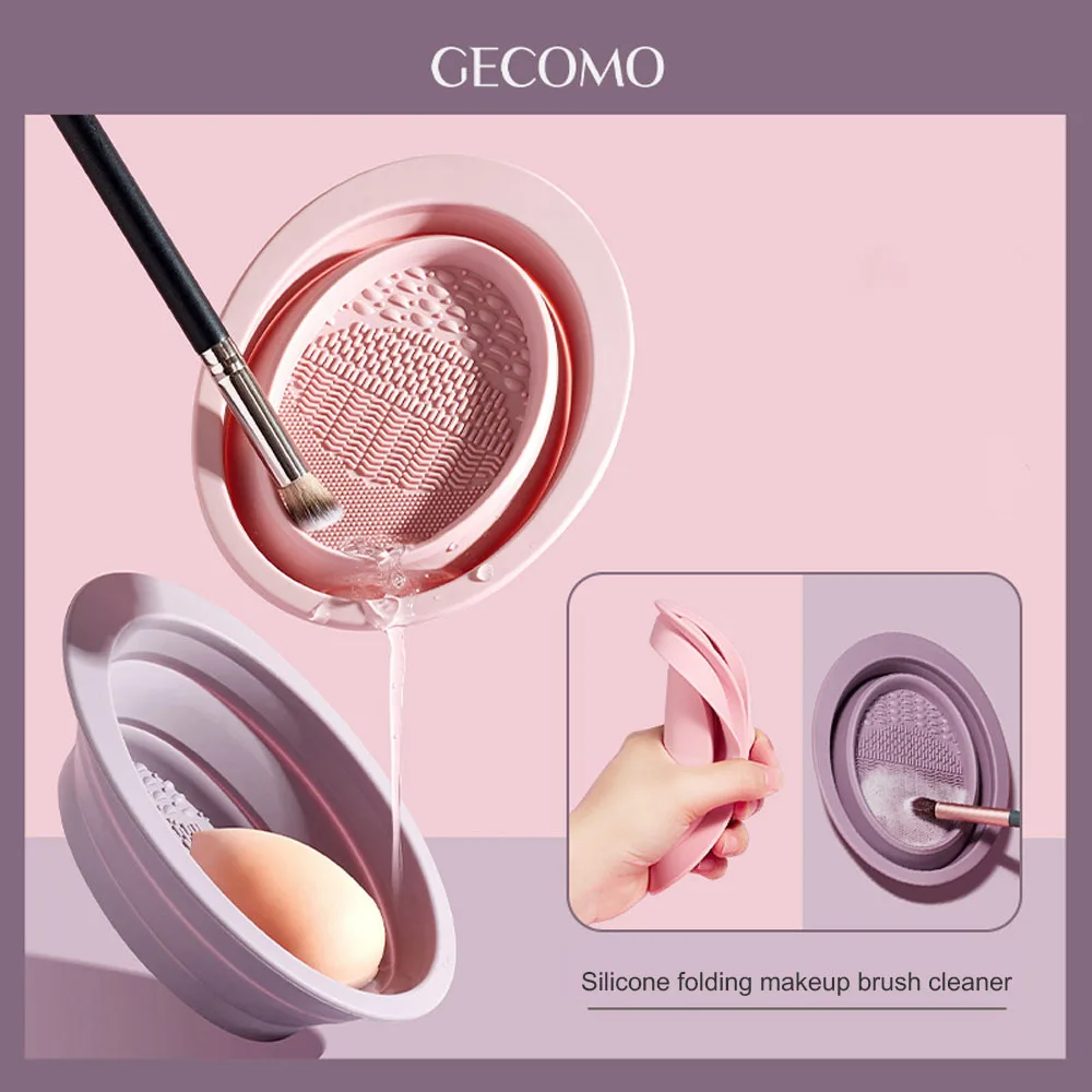 GECOMO Colorful Folding Soft Silicone Makeup Brush Cleaning Bowl and Mat, Suitable for Powder Puff & Eyeshadow Brush Cleaning