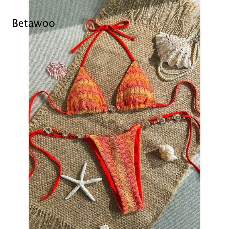 2026 Women Orange Pink Gradient Bikini with Red Trim, Adjustable Neck & Beaded Waist Detail