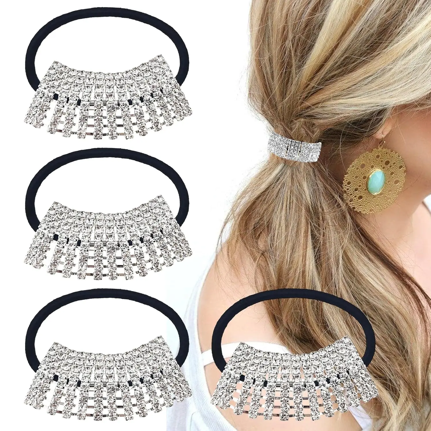 

4 PACK Sparkly Rhinestone Hair Ties Crystal Ponytail Holder Headband Bling Hair Bands Hair Clip Barrettes Glitter Elastics Scrun