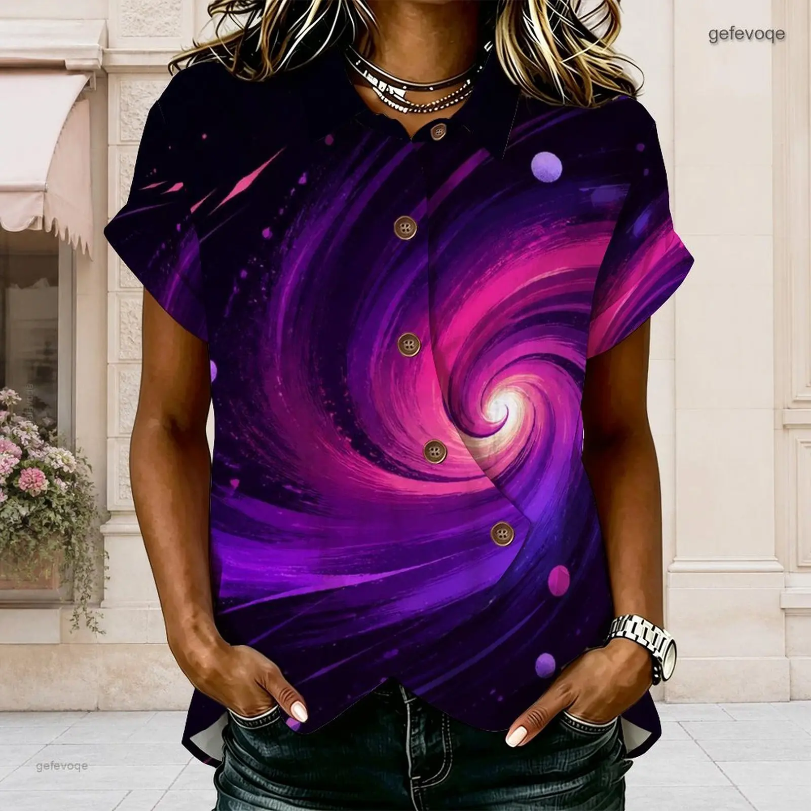 Women Dark Navy Cosmic Whale Starry Print Short Sleeve Collared Button Front Shirt