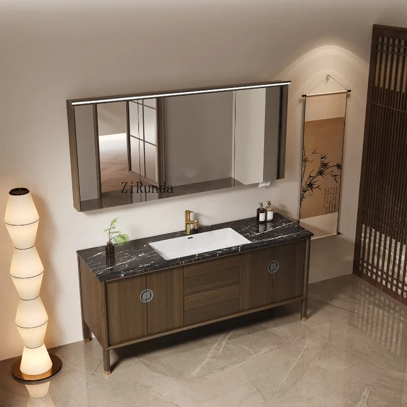 New Chinese luxury stone ceramic seamless basin double basin floor large size bathroom cabinet view 5