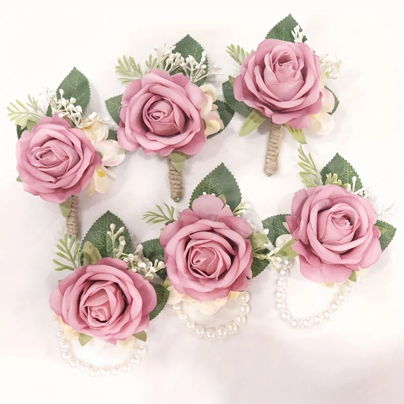 6-delige elegante Boheemse roos pols corsage en broche set - roze bloemenontwerp met witte en groene accenten, perfect voor bruiloften