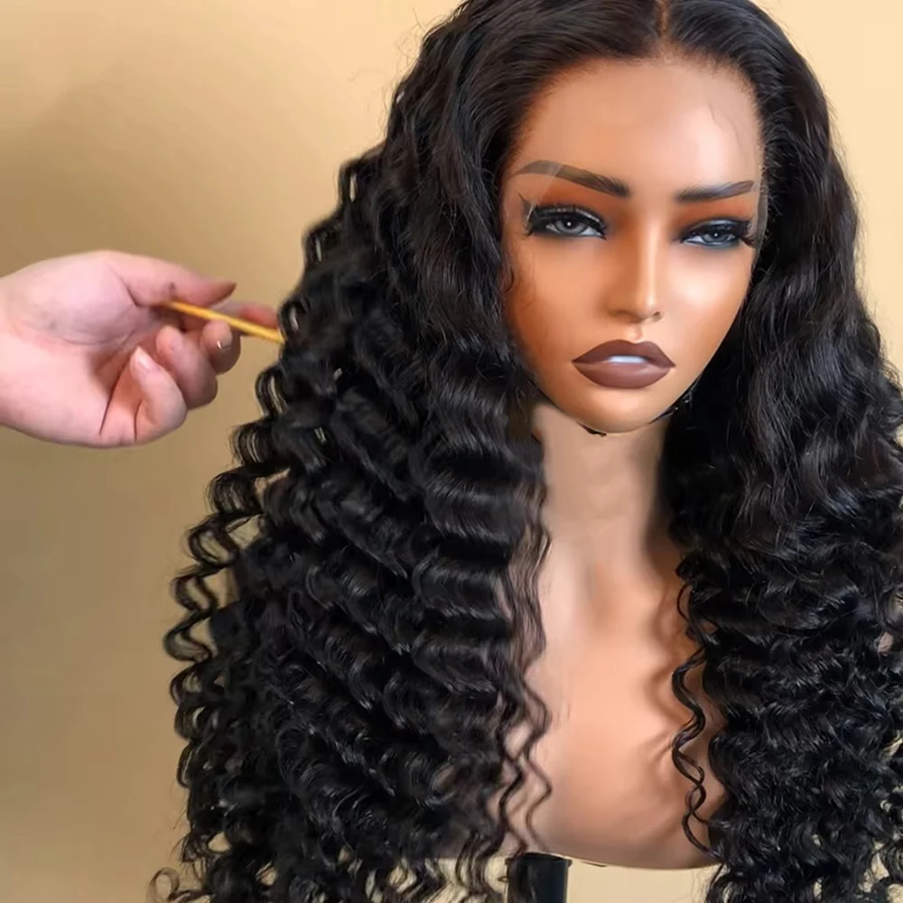 13x4 Deep Wave Lace Front Wigs Human Hair 200% Density 18 Inch Curly Human Hair Wig for Women Natural Black HD Transparent Lace