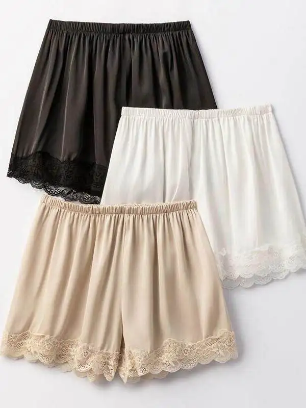 Casual High Waist Acetate Satin Shorts Women's Lace Trim Fashionable Cool Outerwear Inner Match Pants Summer New Arrival