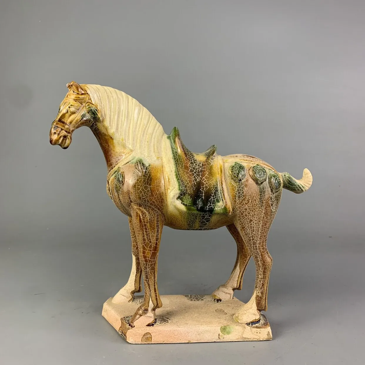 Chinese Tang Tri-Color Glazed Ceramics Yellow War Horse Porcelain Statue 8.11