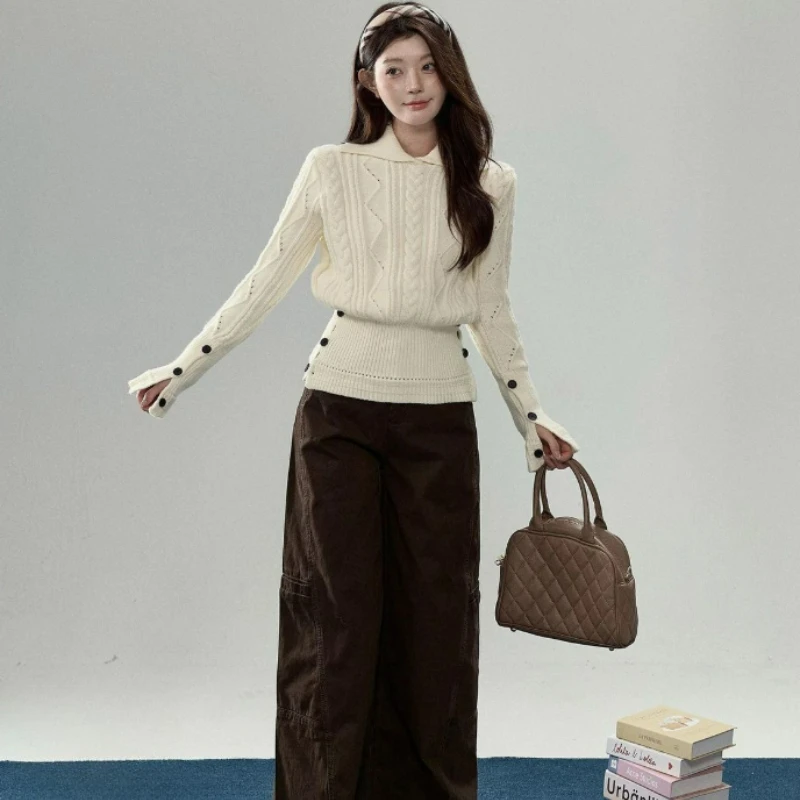 موضة جديدة بيضاء مضفرة على الطراز الكوري التلبيب تصميم جديد على الطراز الصيني سترة محبوكة مع خصر محكم 2026 خريف/شتاء #4