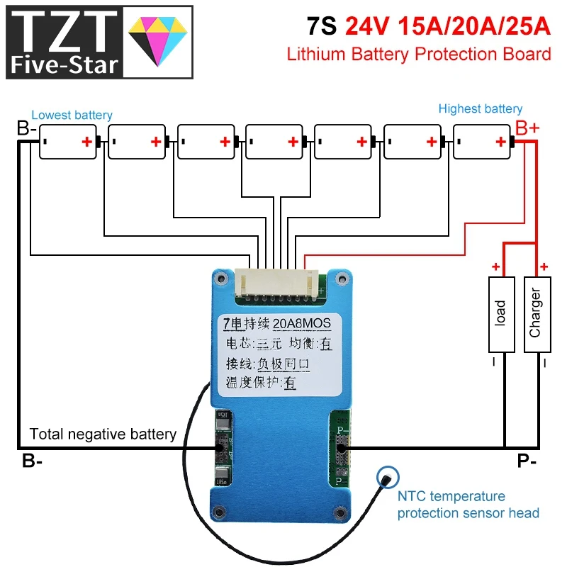 BMS 7S 24V 15A 20A 25A  Li-ion Lmo Ternary Lithium 18650 Battery Charge Protection Board Balance And NTC Temperature Protect