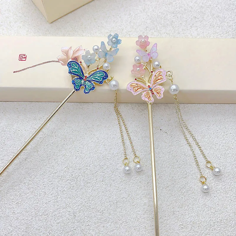 

New Chinese-style butterfly and flower hairpins, tassel hair accessories, hairpins, step hairpins, Hanfu headwear