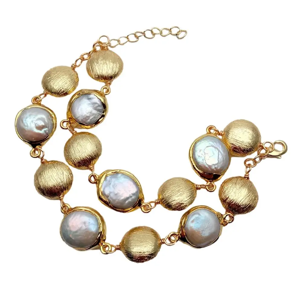YYGEM   2 Rows 17mm Freshwater Cultured White Coin Pearl 15mm Brushed Bead Bracelet Women Jewelry
