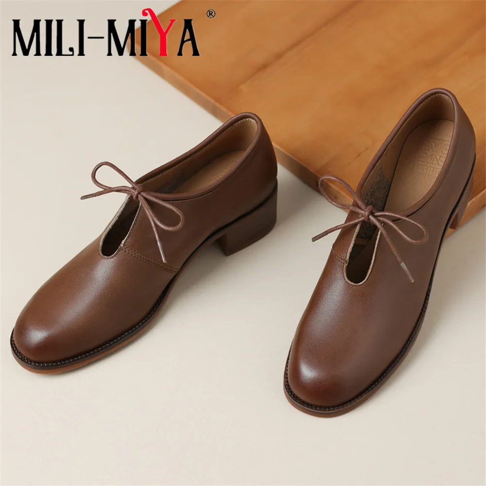 

MILI-MIYA New Arrival Round Toe Women Cow Leather Pumps Thick Heels Solid Color Lace Up Concise Style Dress Party Shoes Handmade