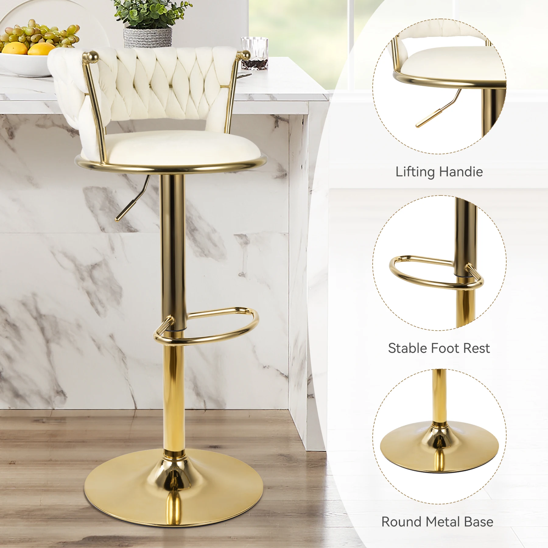 2 قطعة كرسي بار دوار حديث، 360 °   مقعد بار بار بارتفاع قابل للتعديل، مع مسند ظهر، مناسب للبار والمطبخ والمطعم