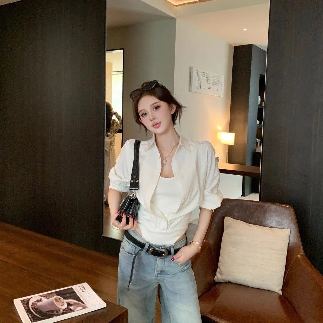 

Женская блузка с эффектом двухслойности, имитация воротника, новая коллекция весна-осень, уникальный дизайн, длинный рукав, для девушек