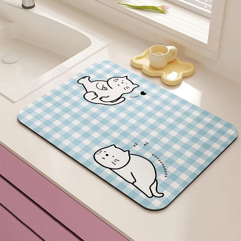 Non-Slip Super Absorbent Kitchen Draining Mat Quick Dry Multi-Scene Coffee Bar Bathroom with Cartoon Cat Checkerboard Patterns