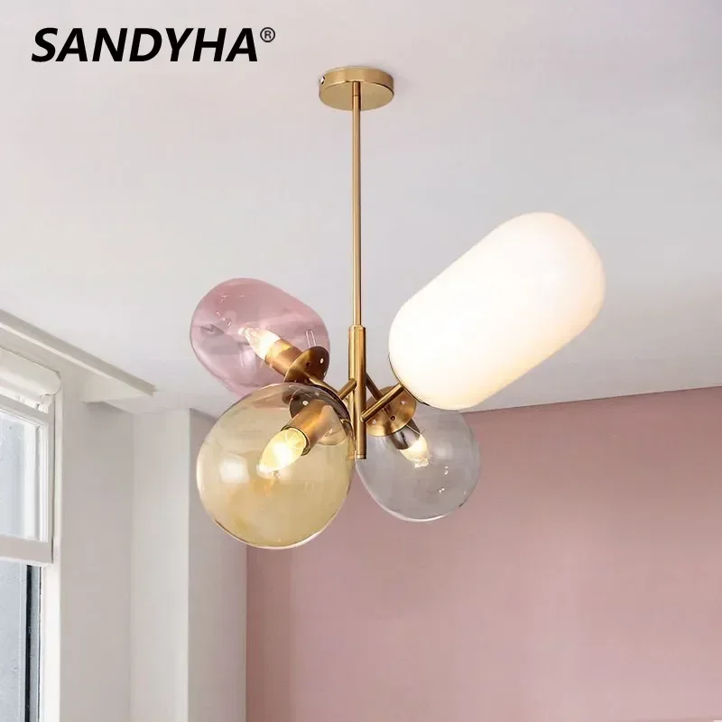 

SANDYHA Modern 4-head Pendant Lights Glass Ball Chandeliers Living Room Kitchen Island Dining Table Lighting Bedroom Decoration