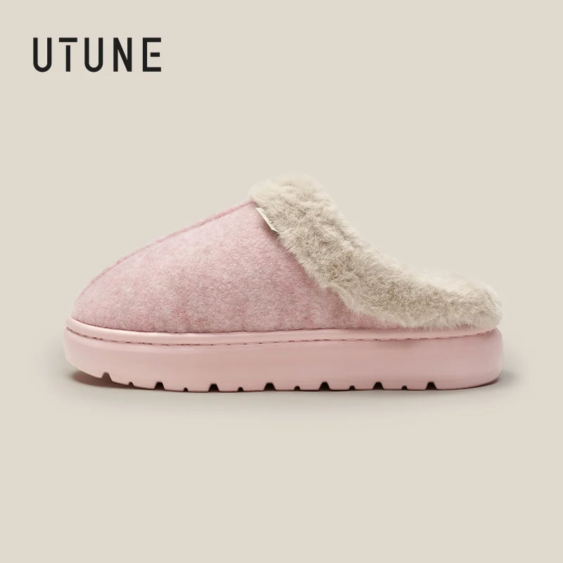 UTUNE Winter Warm Plush Slippers for Women Cozy Indoor Outdoor Non-Slip Home Shoes Soft Sole Couple Slippers Comfortable