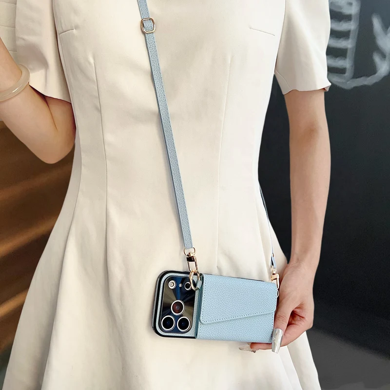 Crossbody-Geldbörsen-Handyhülle mit Make-up-Spiegel für iPhone 17 18 Pro Max 16 Pro 15 14 13 12, trendige Lederhülle mit Kartenfach und Lanyard – Detail 2