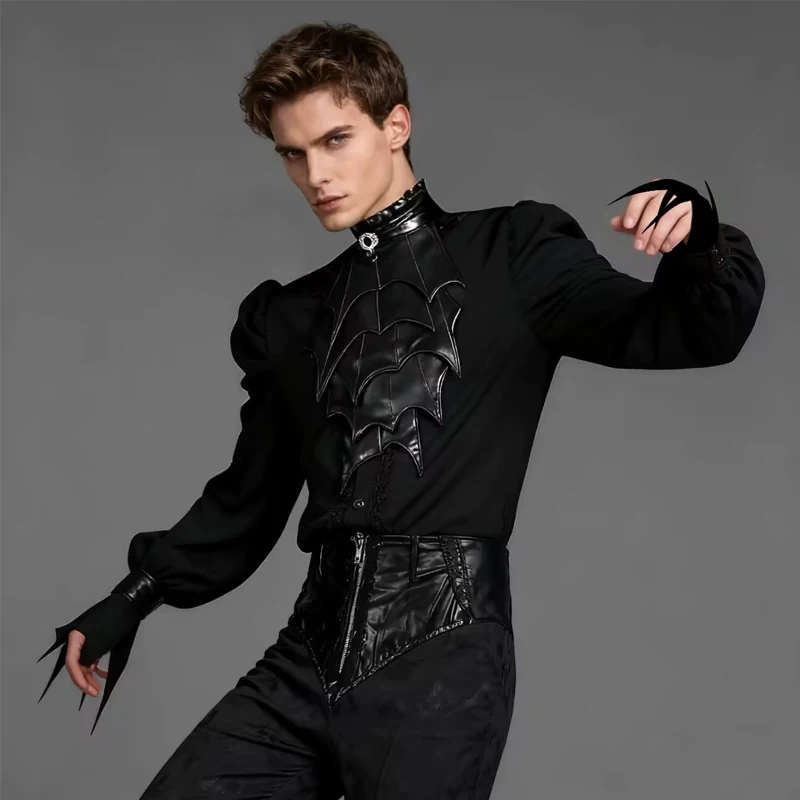 

Men Medieval Steampunk Pants Jacquard Leather Stylish Black Gothic Slim Fit Victorian Noble Vintage Stand Neck Lace Ruched Shirt