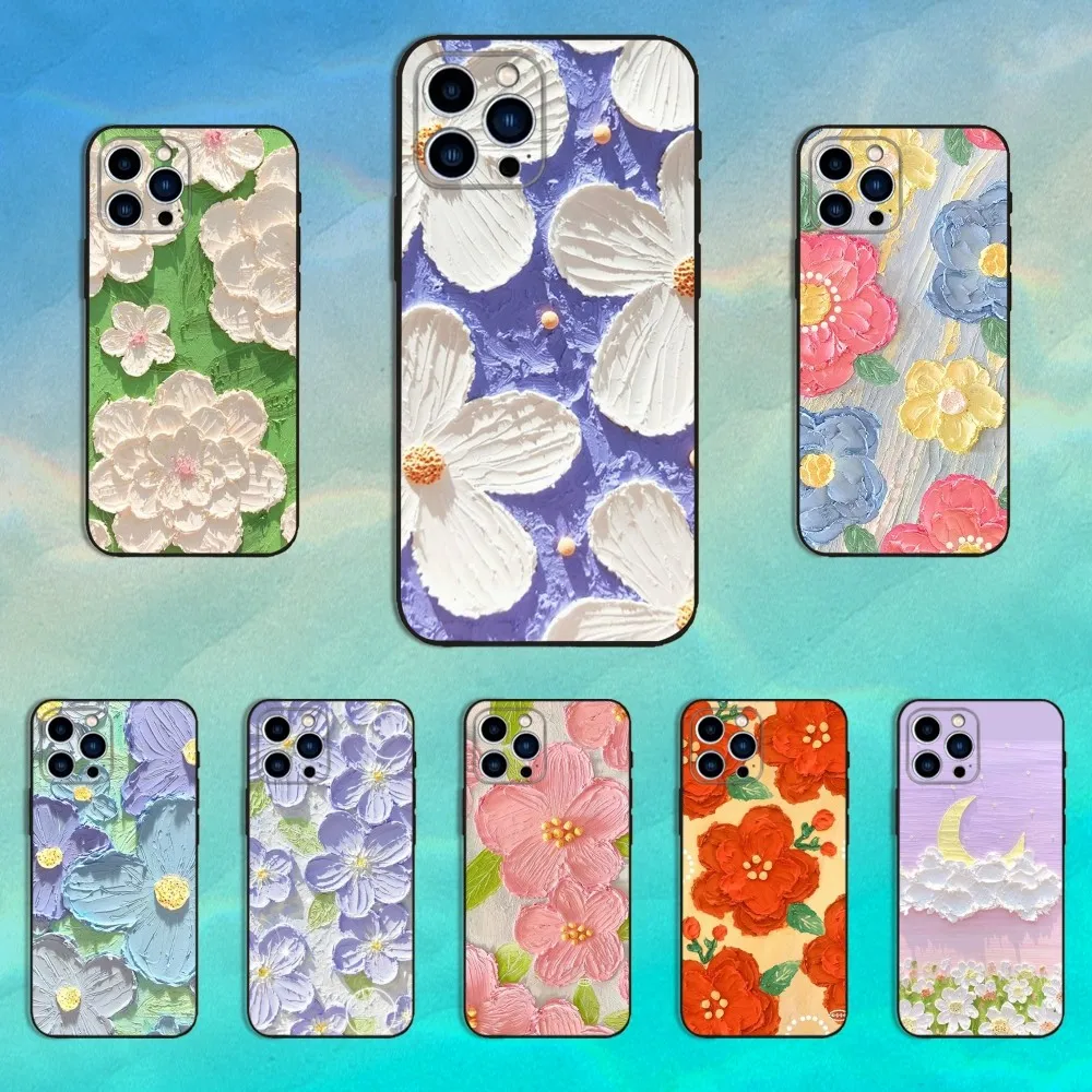 

Flowers Art Oil Painting Phone Case For iPhone 16,15,14,13,12,11 Plus,Pro Max,XS,X,XR,SE,Mini,8,7,Soft Silicone Black Cover