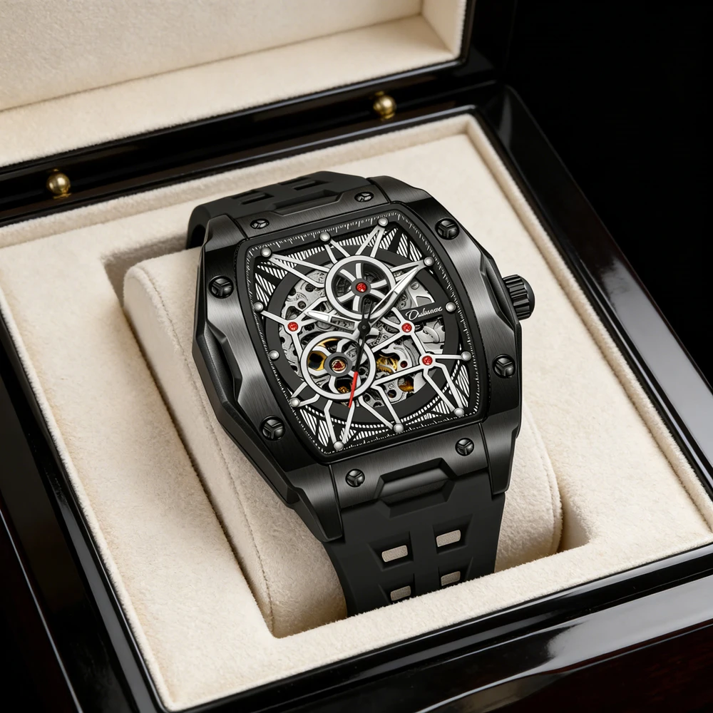 

Новые мужские механические часы Tonneau, лучшие брендовые роскошные часы с силиконовым ремешком, светящиеся, водонепроницаемые до 30 м, автоматические, скелетонизированные, мужские часы reloj hombre