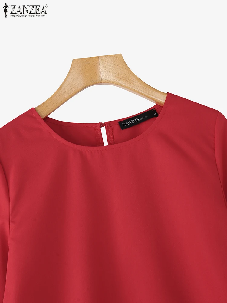 ZANZEA Women Casual Openwork Hem Blouses 2025 Spring Fall Round Neck 3/4 Sleeve Blusas Mujer Elegant Solid Color Everyday Tops