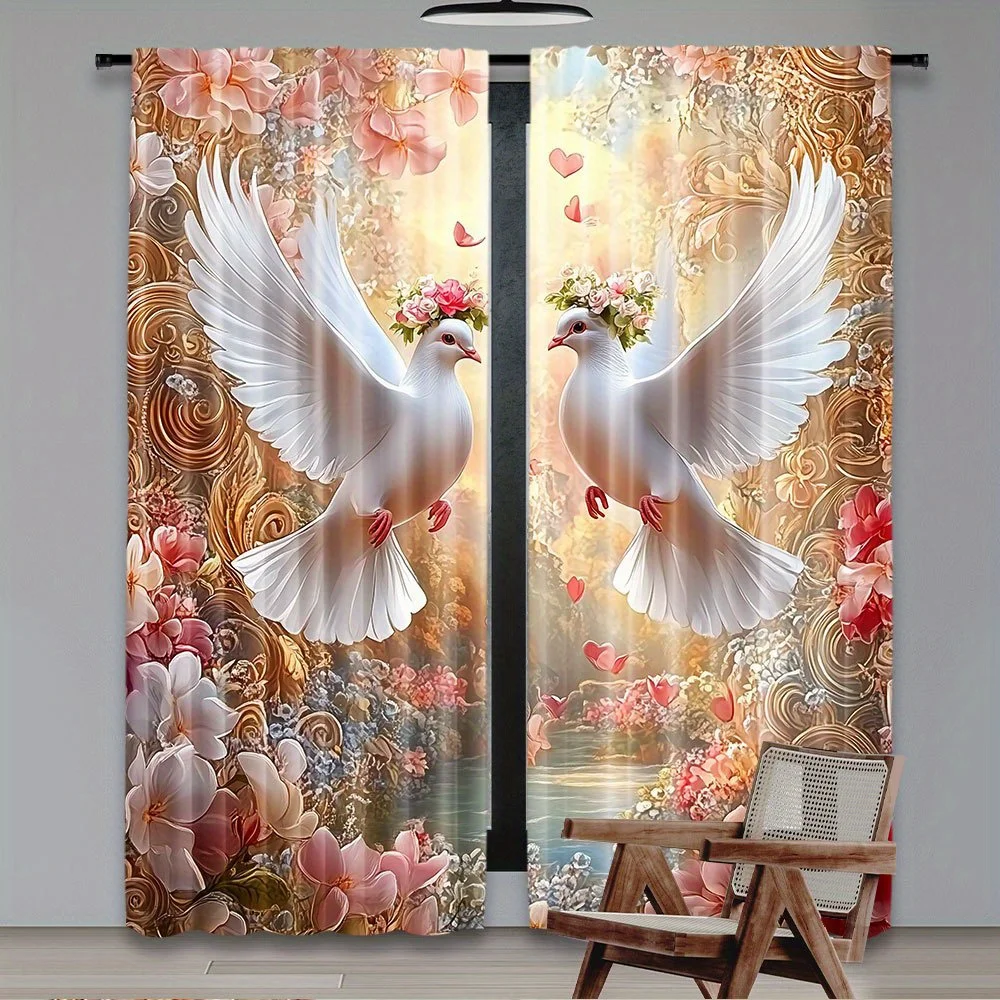 2pcs White Dove with Wreath Print Curtains – for Living Room, Bedroom, Kitchen, Café, Hotel & Restaurant Decor