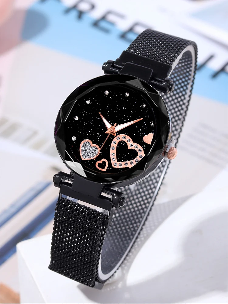 5pcs Women\'s Fashion Starry Sky Love Absorbent Iron Mesh with Quartz Watch+Bracelet Combination Set