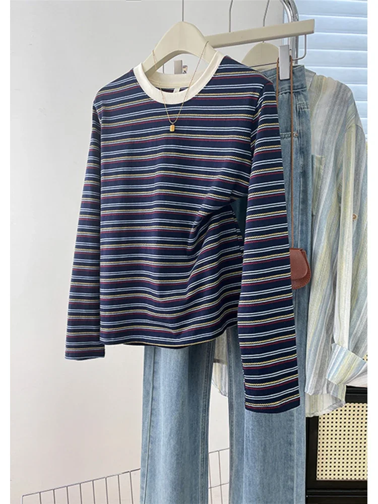 Loose Fit Classic Striped Long Sleeve Round Neck Pure Cotton T-Shirt Casual Versatile Base Layer Shirt for Women Spring Season