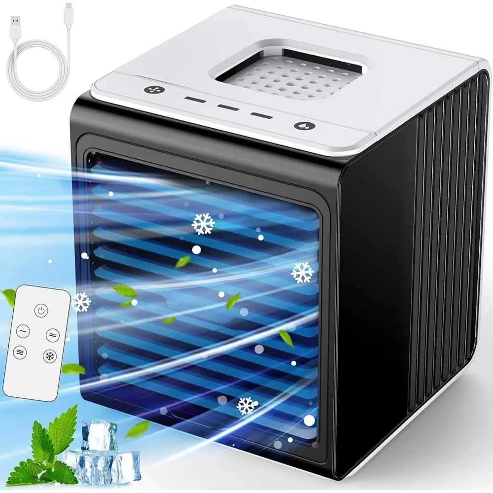 3 in 1 Mini Air Conditioner USB Remote Control 3 Speeds Quiet Portable Evaporative Cooler with Top Fill Water Tank Ideal Bedroom
