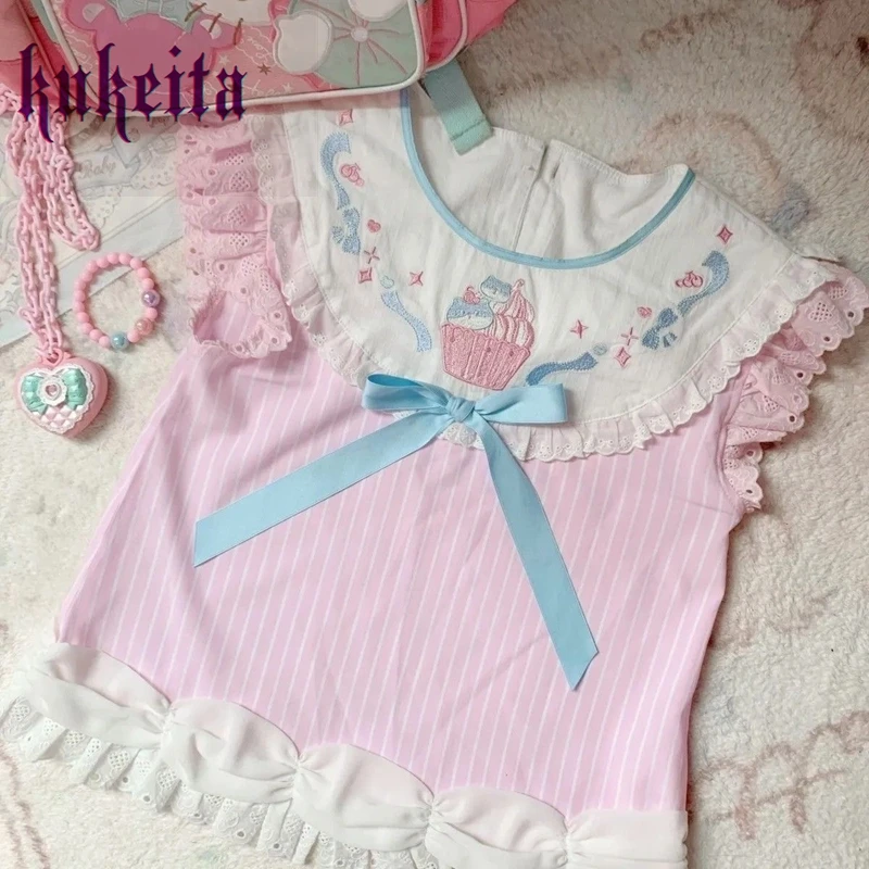 Kukeita Harajuku Girls Sweet Pink Cute Lolita T-shirt Women Y2k Aesthetic Bow Cake Lace Short Sleeve T Shirt Japanese Kawaii Top