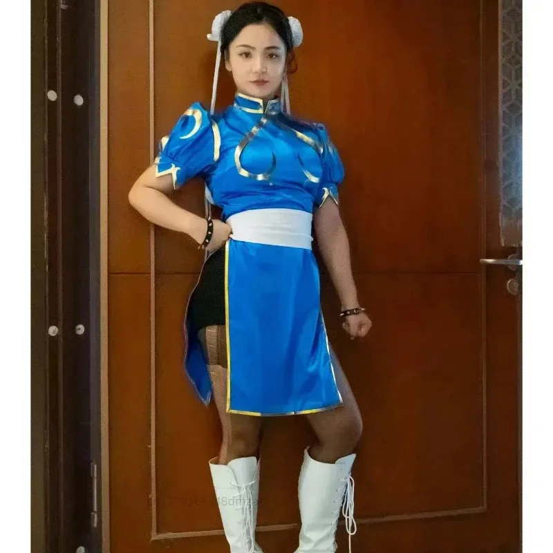 XT8Chunli زي لعبة شخصية الشارع الفتوة كاملة تأثيري شيونغسام هالوين مثير مجموعة سوار أغطية الرأس @ XT6!
