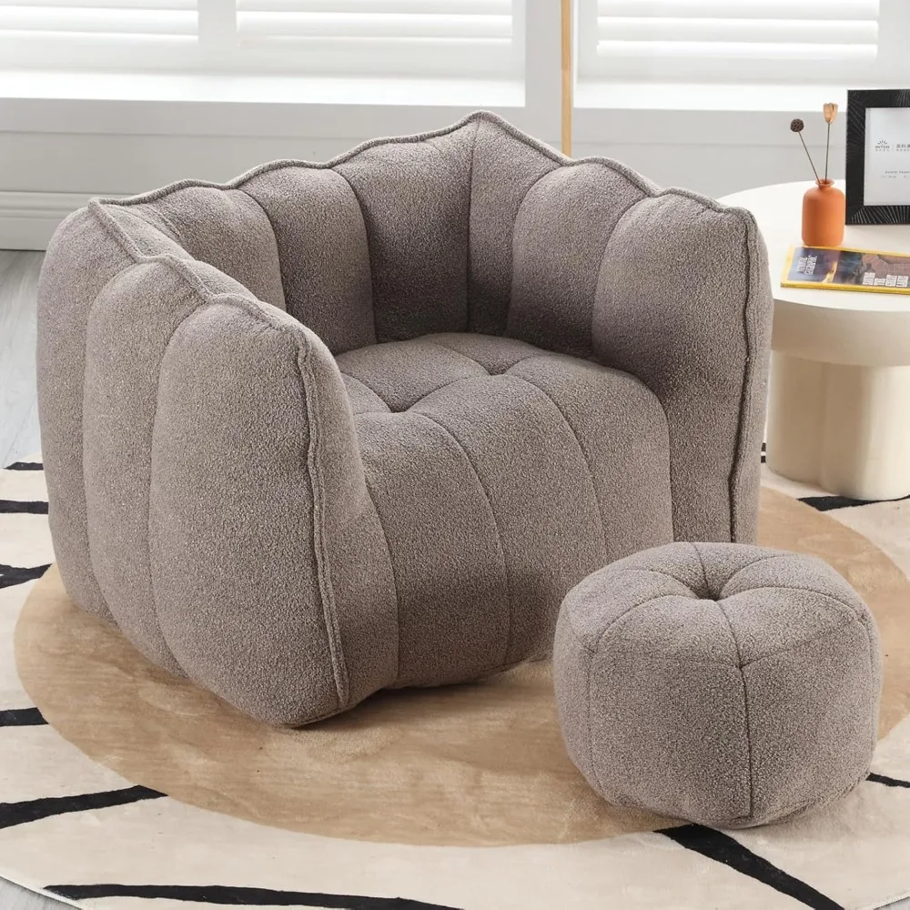 

Bean Bag Chair, Teddy Upholstered Bean Bag Sofa with Round Ottoman, Stuffed Bean Bag Couch with Petal Backrest, Comfy Lazy Sofa