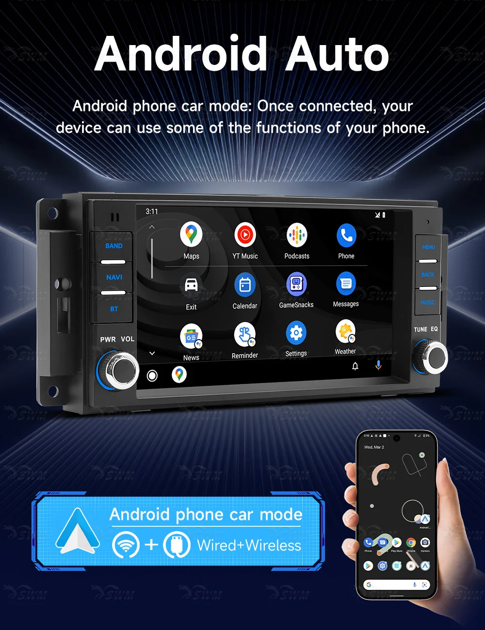 BQCC 7'' Car MP5 Player for Jeep Wrangler, Dodge Chrysler Wireless CarPlay Android Auto 7-Color Lights BT FM AM Stereo Radio view 2
