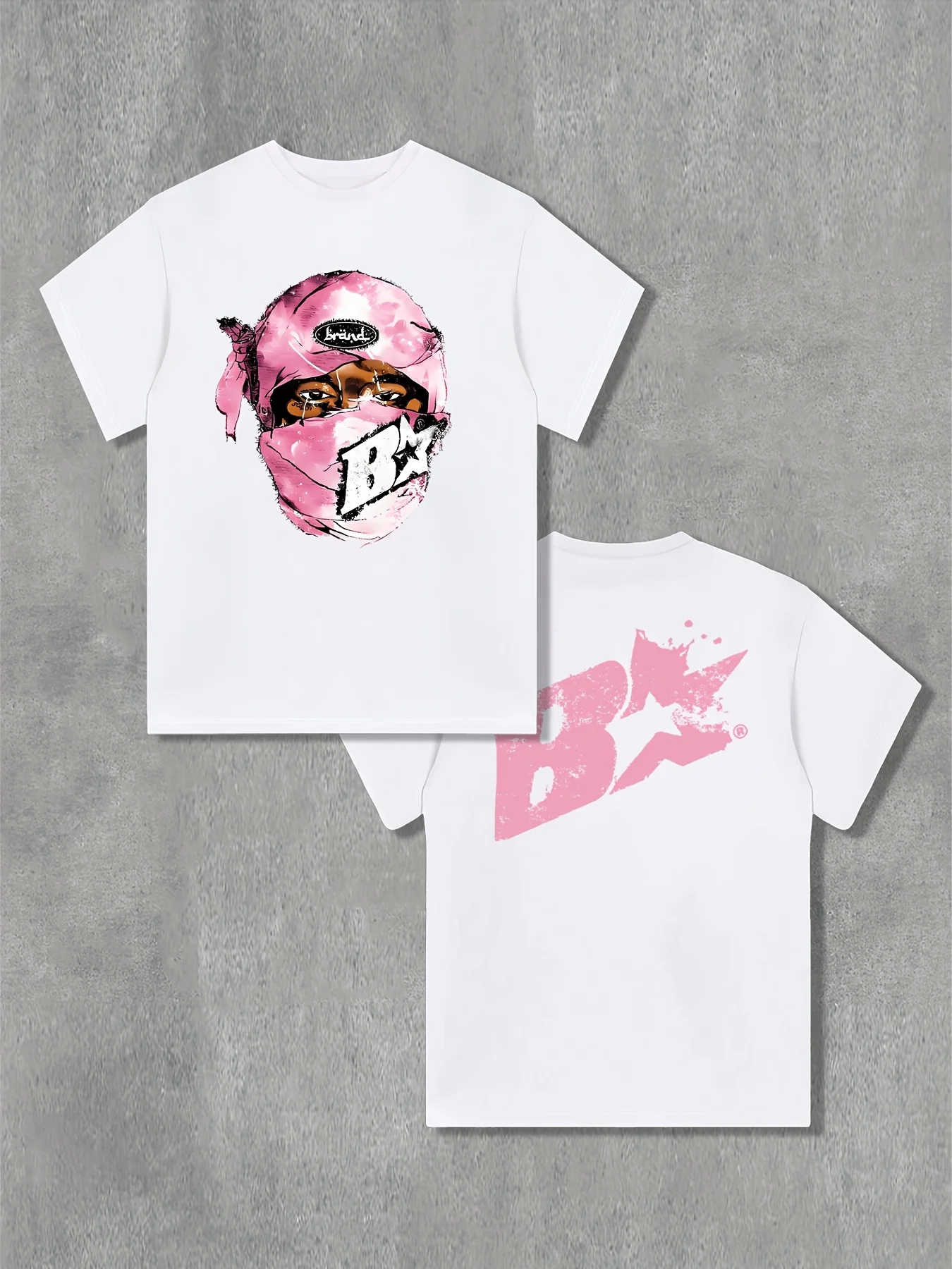 Rosa Bandana-Masken-Porträt und Stern-Grafik-T-Shirt für Herren aus 100 % Baumwolle, perfekt für Sommer-Streetwear und lässige urbane Outfits.