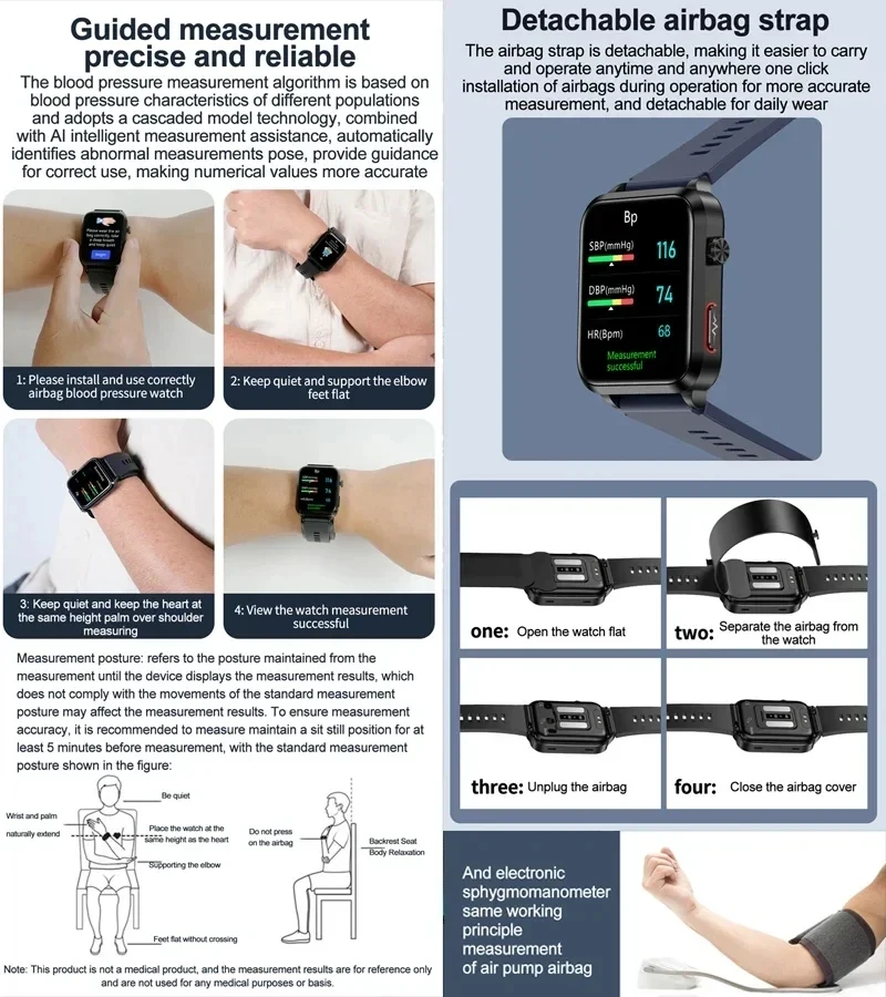 2025 Neue Smartwatch in Krankenpflegequalität, Airbag-Gesundheitsuhr, Luftpumpe, EKG, echter, präziser Blutdruck, Harnsäure, Blutfette