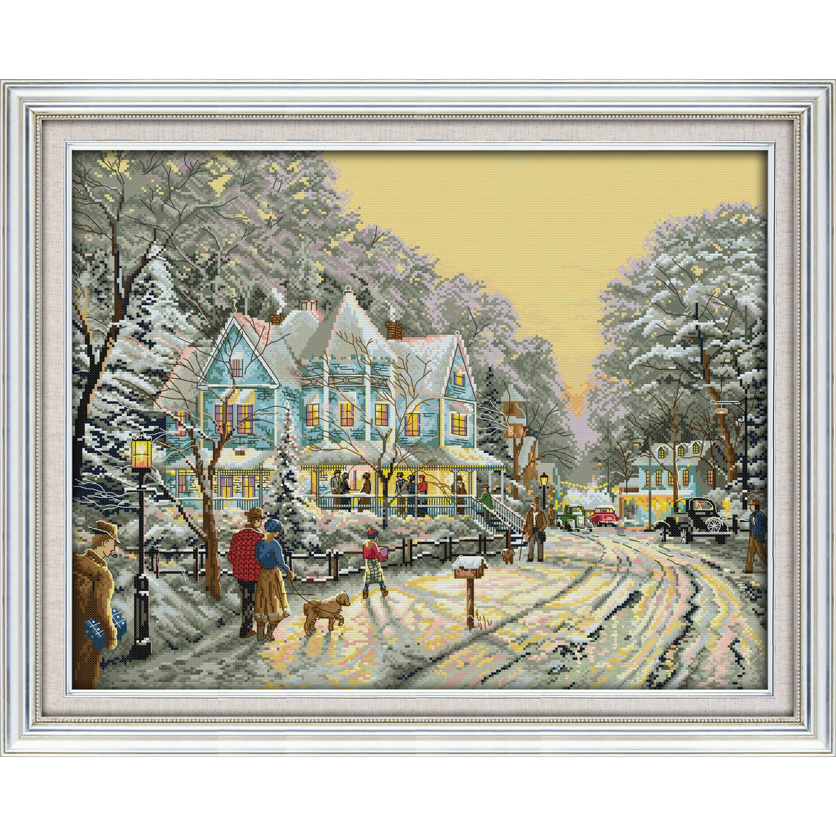 

Soulgift News Набор для вышивки крестом с предварительной печатью, штампованная ткань Аида с нитками DMC, набор для вышивания - Рождественская улица