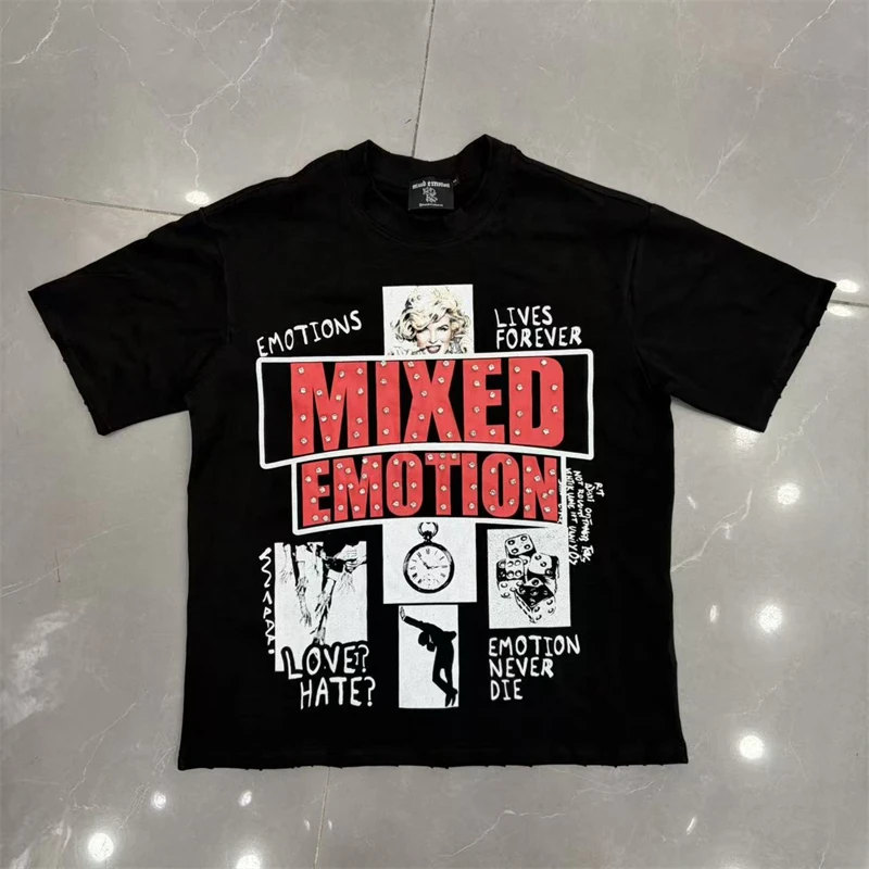 New MIXED-EMOTION Rhinestone Printed Pattern 100% Cotton Men Women T-Shirt Loose Casual Shinning Diamond Tees Top