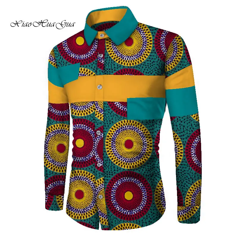 New African Dashiki Men Shirt Spliced Contrast Collar Design Vintage Circle Geometric Print Long Sleeve Formal Shirts WYN657