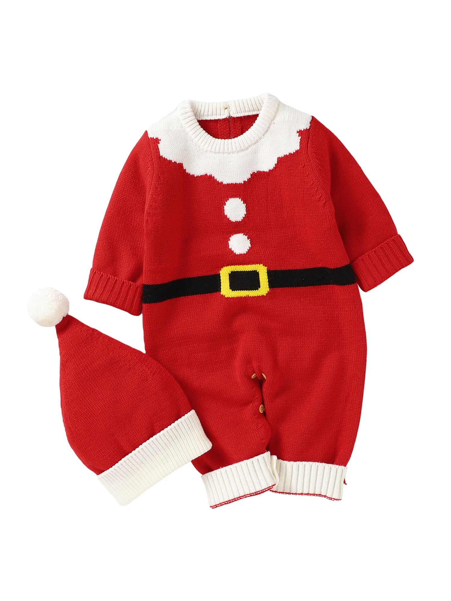 Christmas Baby Romper Adorable Long Sleeve Round Neck Knit Jumpsuit with Back Buttons for Festive Party and Playdates on the